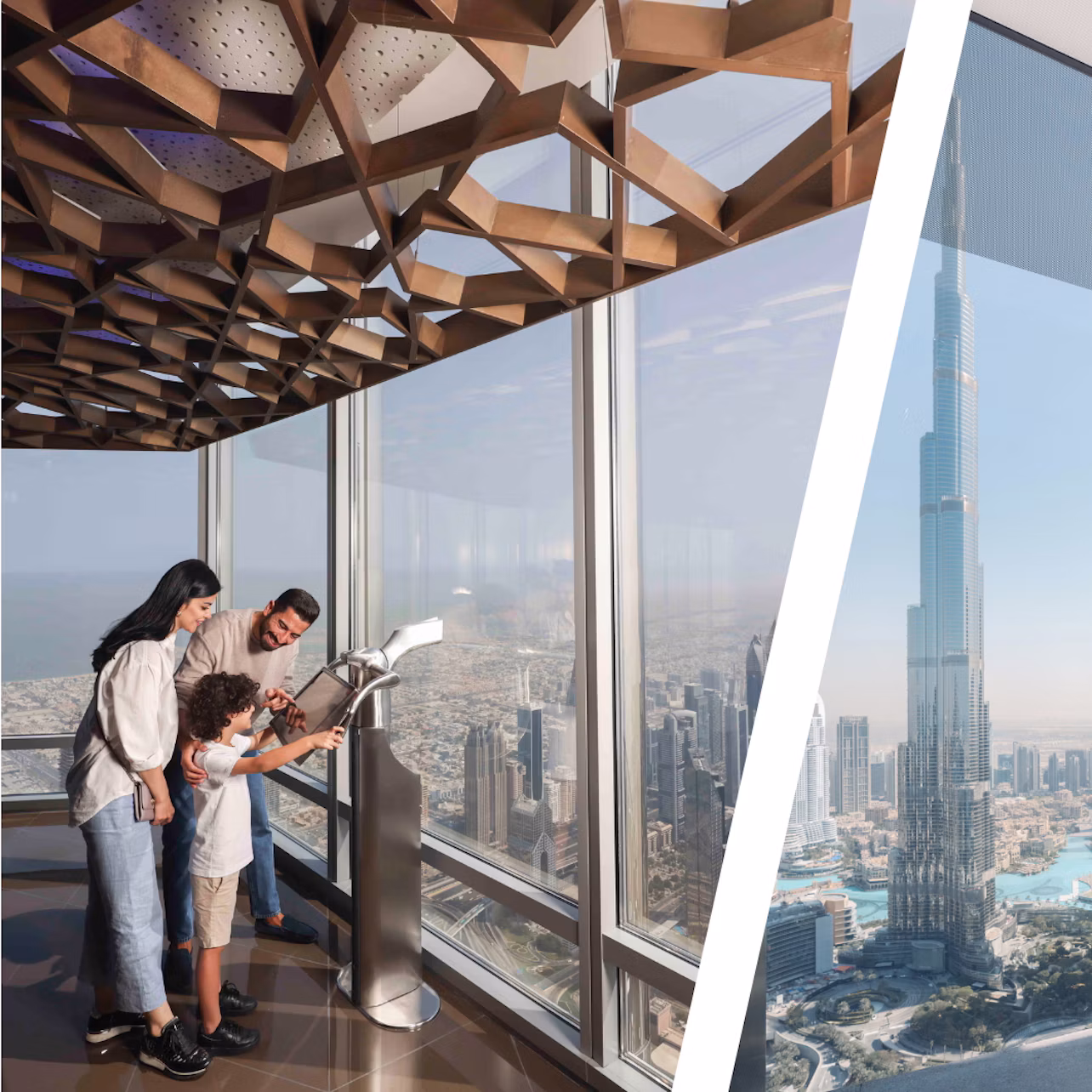 Two people overlook a cityscape with the Burj Khalifa visible in the background, standing in a glass-walled observation deck.