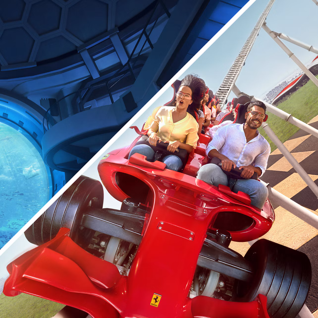 On the left, a futuristic space-themed interior. On the right, people are riding a red rollercoaster on a sunny day.