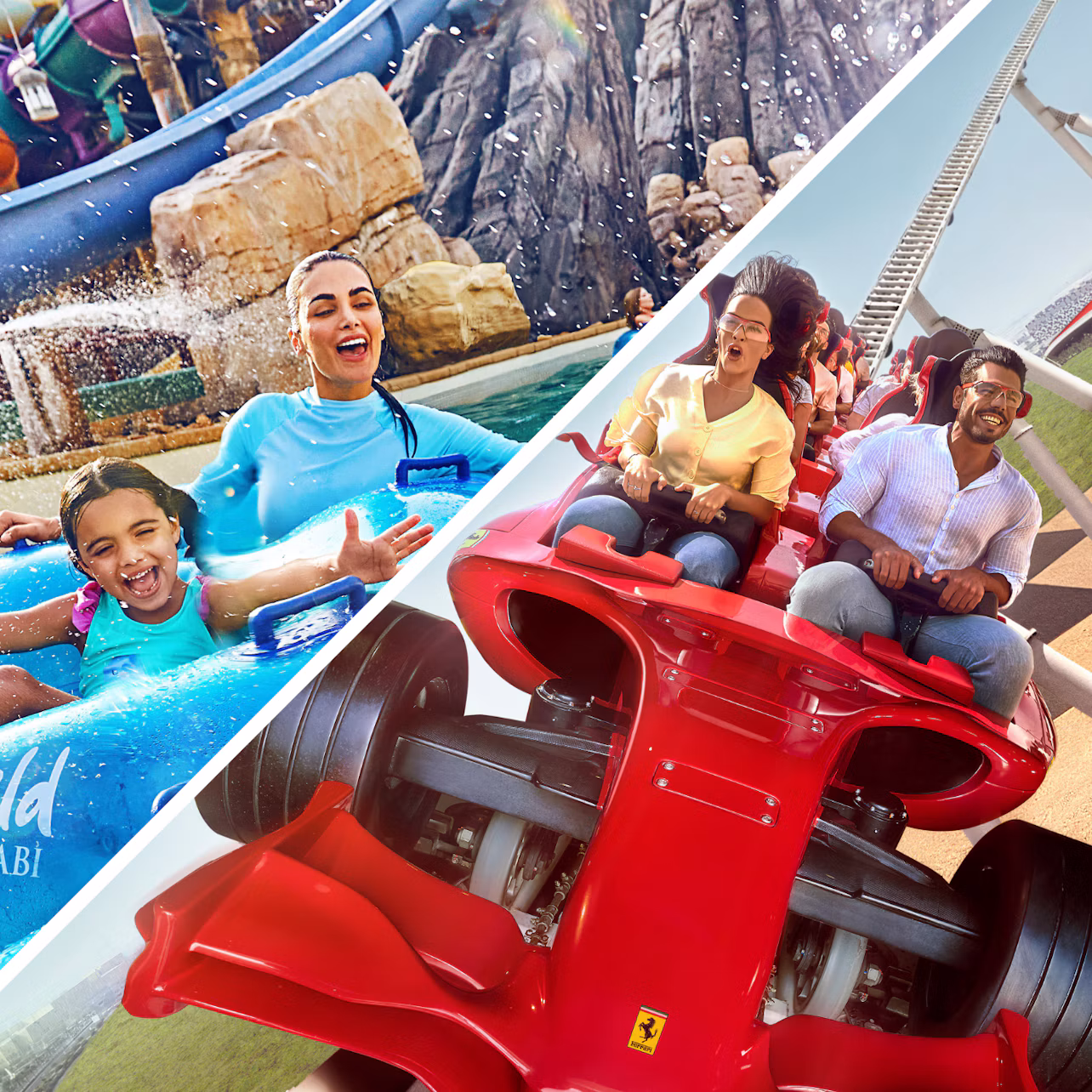 Split image: Left shows a woman and child enjoying a water ride; right depicts people riding a red roller coaster.