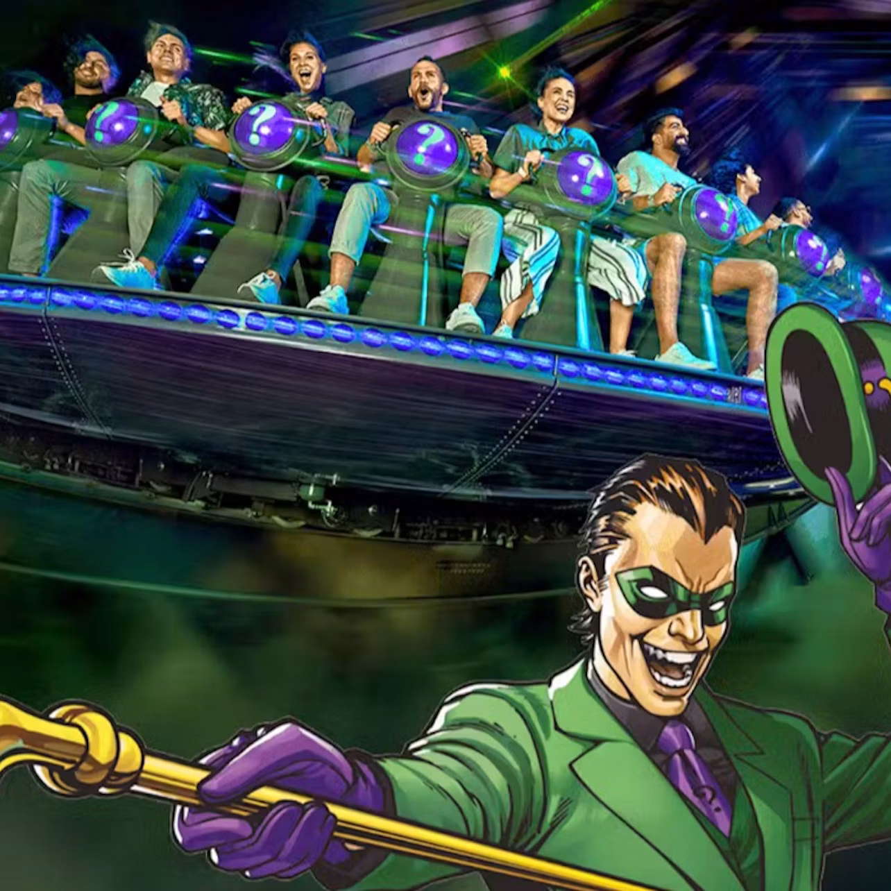 A group of people seated on a spinning amusement ride with a colorful Riddler-themed design and lit with bright lights.