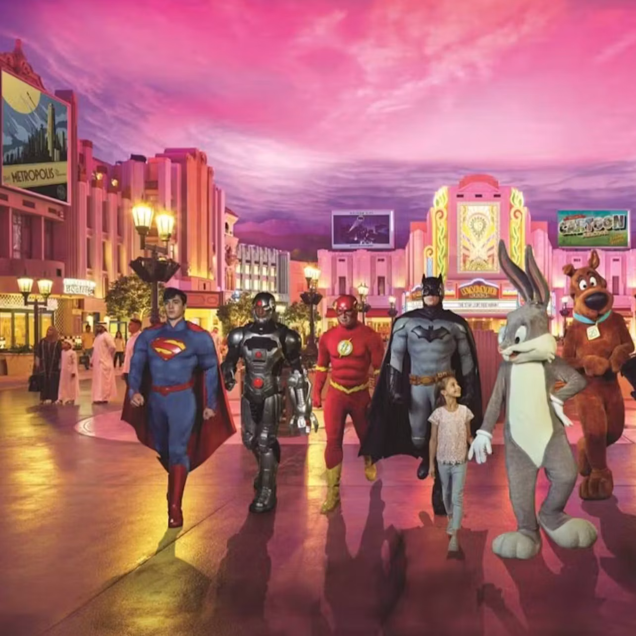 A group of superhero and cartoon characters walking with a child through a lit-up cityscape under a pink sky.