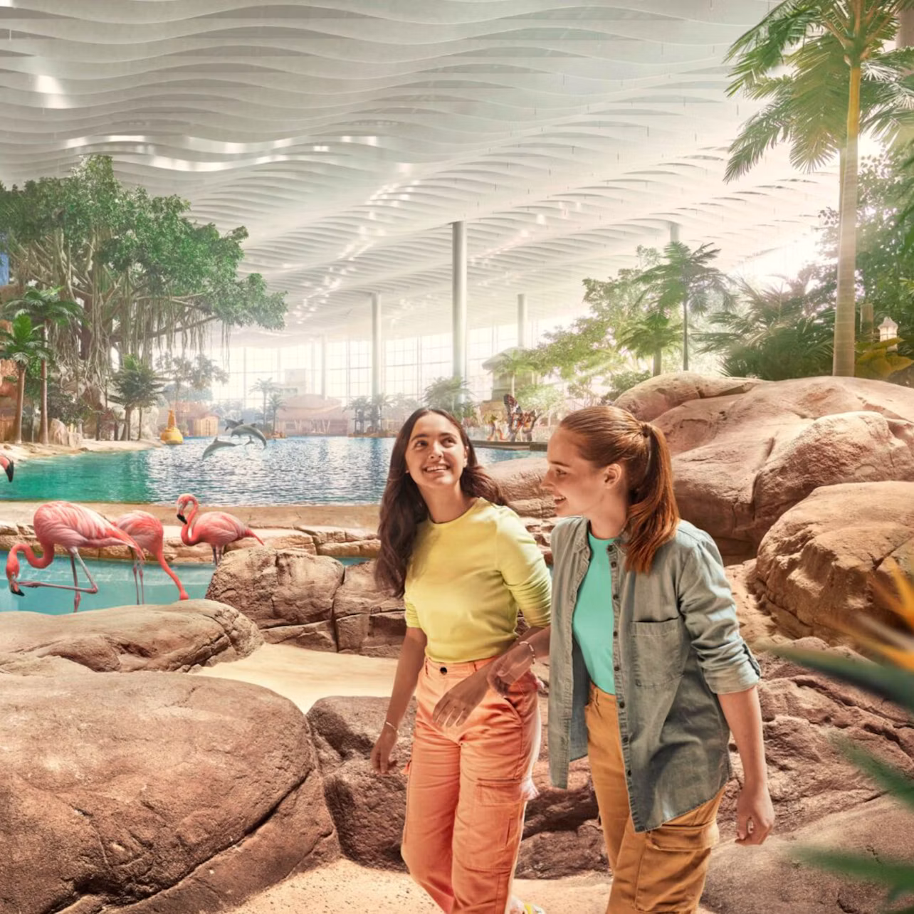 Two women walking through an indoor tropical environment with flamingos, rocks, and lush greenery under a wavy ceiling.