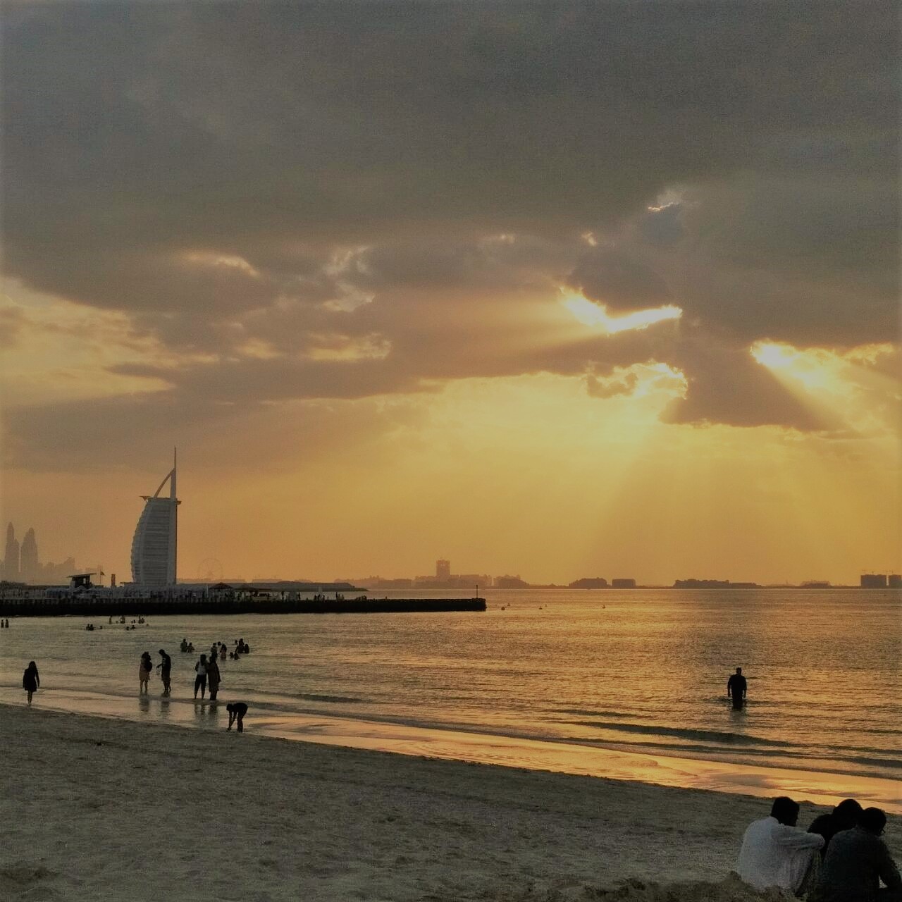 Burj Al Arab seen at dusk from Kite Beach in Dubai